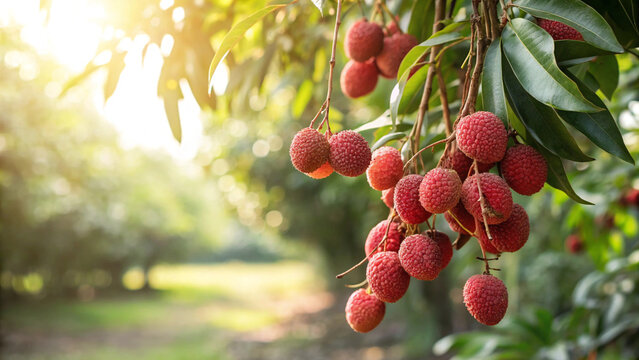 Closeup of fresh lychee fruits hanging on tree branch in the orchard farm