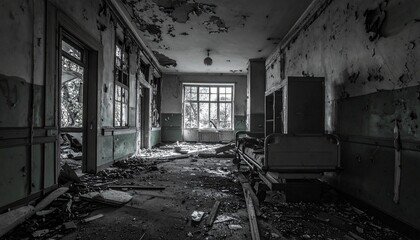 A haunted abandoned hospitalcinematic horror matte painting.