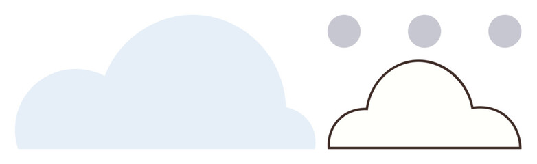 Abstract blue and outline cloud shapes paired with three dots above, symbolizing thoughts, creativity, connection, communication, innovation, brainstorming, inspiration. Minimalistic and simple flat