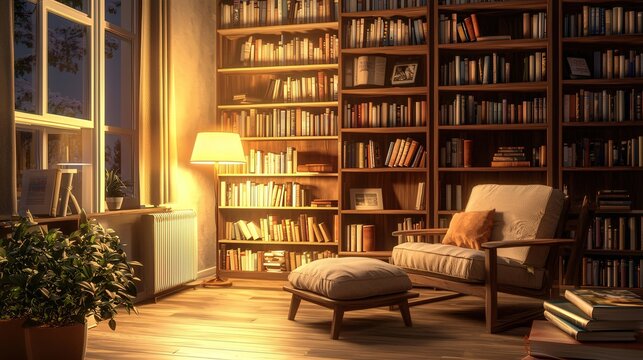 Library interior with bookshelves warm lamp and reading nook.