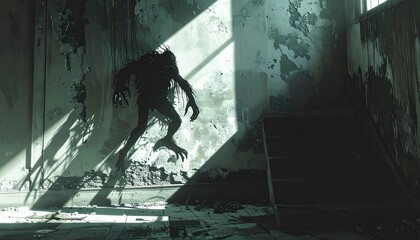 A monstrous shadow crawling on wallspsychological surreal horror.