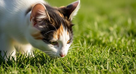 Calico Cat Sniffing Fresh Green Grass on a Sunny Day.