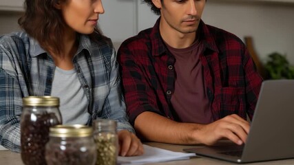 This engaging image shows a couple collaboratively working at home, reviewing documents and data on a laptop, symbolizing teamwork, productivity, and modern life. - Powered by Adobe