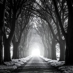 Misty tree-lined path