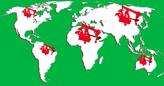 Animation of working pumpjacks and world map over transparent background
