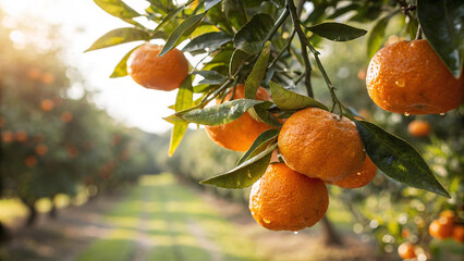 Closeup of ripe tangerines hanging on a tree branch in an orchard at sunset © Fx Studio