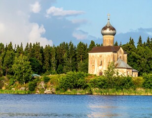 Church by serene water