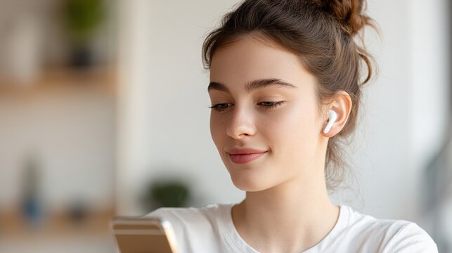 A young woman is engaged in listening using wireless earbuds and a smartphone. In this moment, the subject is fully immersed in the digital world and appears delighted.