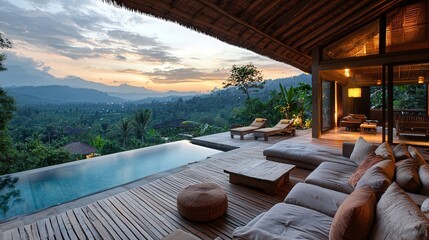 Fototapeta premium Infinity pool overlooks mountains and lake with lounge chairs at sunset.​