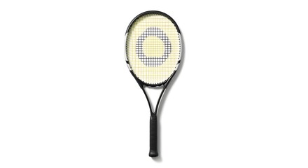 A black tennis racket with a white string bed and a circular logo in the center, isolated on a white background.