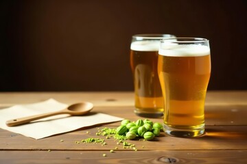 Refreshing golden beverage in glasses with hop cones and wooden spoon on a rustic table