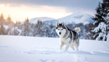 Naklejka premium Husky dog in snowy mountain landscape