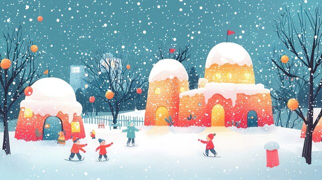 Cute cottages covered with thick snow stand among bare winter trees beneath soft falling snowflakes