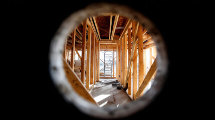 Wooden house framing interior, construction site corridor, sunlit studs and scaffolding visible