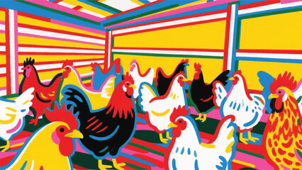 Collection of Farmed Chickens in a Cage Illustrator Artwork Banner Background Design Template 