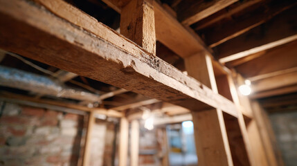 Old wooden beam and exposed stud framing in dimly lit basement with warm construction light
