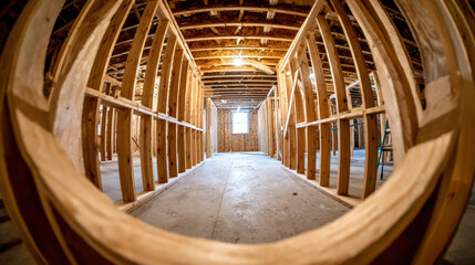 Unfinished basement framed hallway with exposed wooden studs and ceiling beams lit by warm light creating cozy construction atmosphere