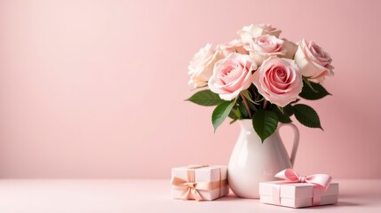 A delicate bouquet of light pink roses in a white vase sits beside two elegantly wrapped presents, creating a charming scene perfect for celebratory occasions.