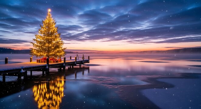Christmas Tree on Dock at Sunset - A Festive Winter Scene.
