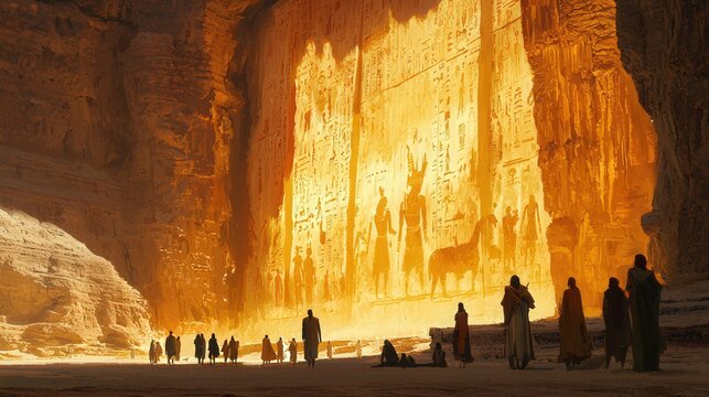 Warm golden sunlight casts rugged rock wall textures while faint human figures stand at rocky canyon base