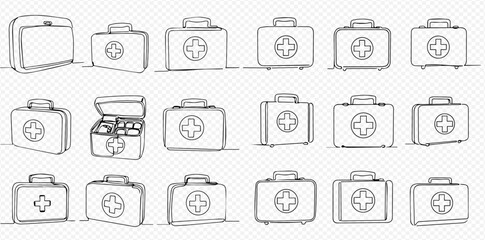 A collection of first aid kit illustrations in various styles and angles.