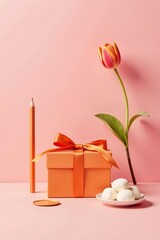 A pastel orange gift box with a satin ribbon, next to a single tulip and writing instrument, with small sweet treats on a plate