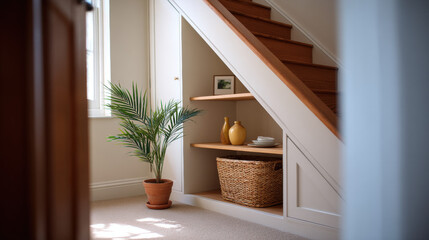 Potted palm plant under staircase with woven basket and ceramic vases creating cozy natural corner