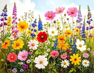 Colorful Wildflower Meadow Under a Sunny Sky