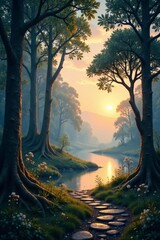 Serene Sunset Stroll Along a Picturesque River Path Through an Enchanting Forest