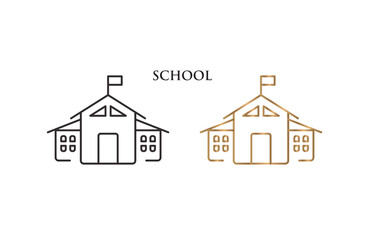 Line icon, black and gold color, school building, vector symbol of college or university, education illustration, sign for school exterior.