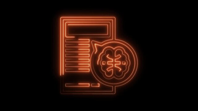 Neon document paired with a brain icon symbolizing intelligence artificial intelligence and data processing
