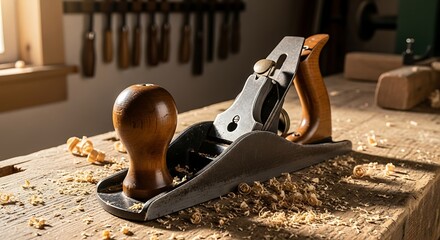 Classic woodworking hand plane resting on a rustic workbench with wood shavings.