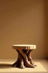 Rustic Wooden Table with Intricate Tree Root Base, Displayed Against a Warm Neutral Background