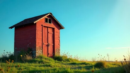 Rustic Red Wooden Structure in a Serene Meadow Under a Vast Sky