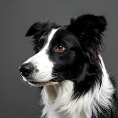 Portrait of a Black and White Dog Against a Gray Background