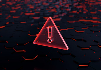 Red Alert: Captivating a bold, three-dimensional triangular warning sign glows vibrantly over a textured, hexagonal, and futuristic surface. Embodying a sense of immediacy and attention.