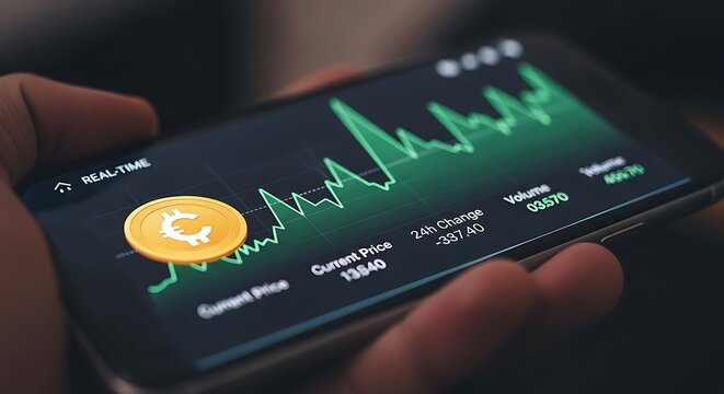 Hand holding smartphone displaying cryptocurrency trading chart with euro symbol coin image
