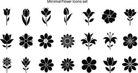 Minimal flower icons set, black floral silhouettes, decorative botanical symbols, modern vector design, simple blossom shapes, elegant nature graphics, abstract petals, stylish floral elements
