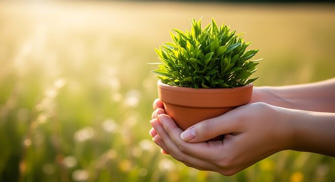 Hands holding small green plant in terracotta pot with blurred golden meadow background image