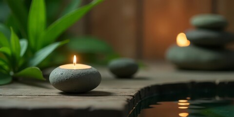 Serene ambiance featuring a softly lit candle nestled in a stone holder, accompanied by a tranquil water reflection and lush green foliage