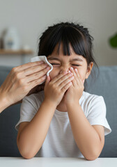 Child covering their mouth while adult gently wipes their face with tissue, promoting hygiene and health. This moment highlights care and attention to children well being, especially during