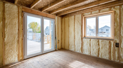 Insulated unfinished room with spray foam wall insulation, wooden studs, window and sliding glass door, natural light and construction mood