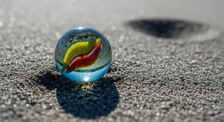 Obraz premium Close up of a colorful glass marble on a sandy beach.