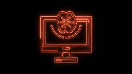 Glowing neon brain inside computer screen symbolizing artificial intelligence and machine learning technology