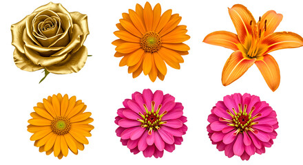 Collection of six realistic flowers including a gold rose and colorful daisies and lilies orange daisy