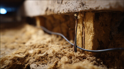 Insulation fiber wire wooden beam crawlspace construction close up textured insulation surrounds black electrical wire threaded along wooden beam
