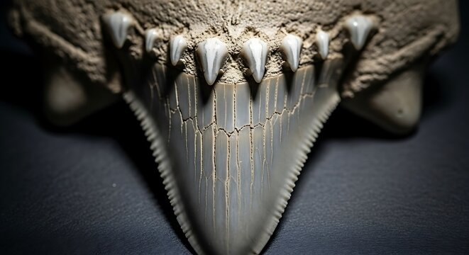 Close up of a fossilized Megalodon shark tooth showing serrated edges and sharp points.