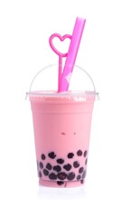 Pink bubble tea in clear cup