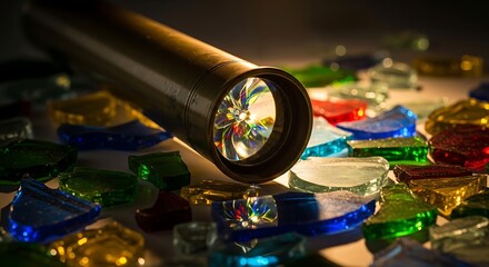 Close up of a kaleidoscope tube resting on colorful glass gems.