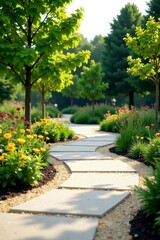 Obraz premium Serene Garden Path Meandering Through Lush Greenery and Vibrant Blooms